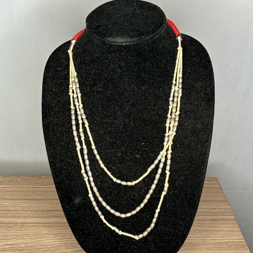 Vintage Multi-Strand Ivory and Silver Beaded Necklace